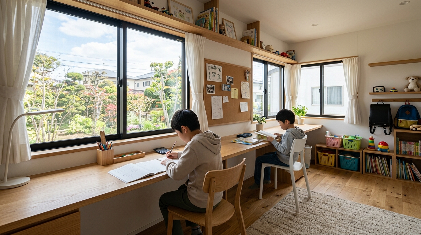 兄弟で並べる造作デスクのある子供部屋